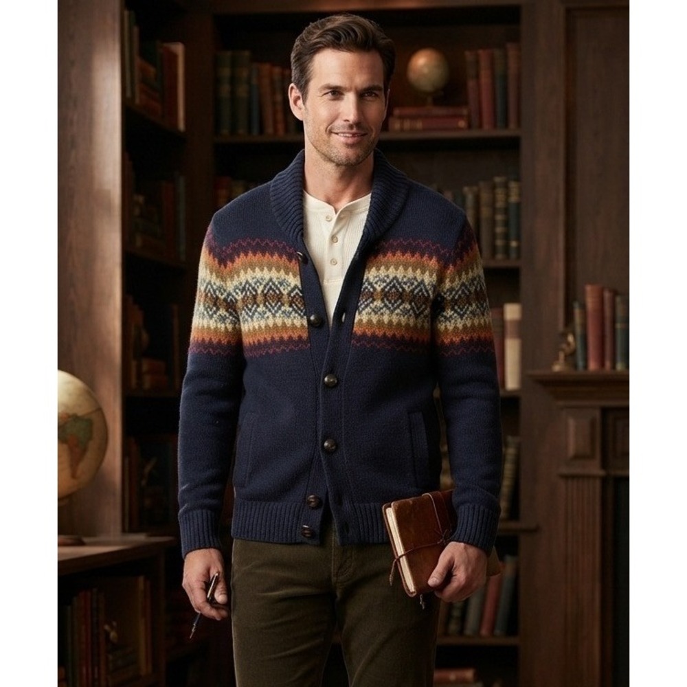 Refectory Wool Cardigan Sweater Knit Fair Isle Men's Small Blue Travel Vacation